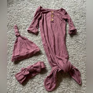 Caden Lane boysenberry knot gown with matching hat and bow